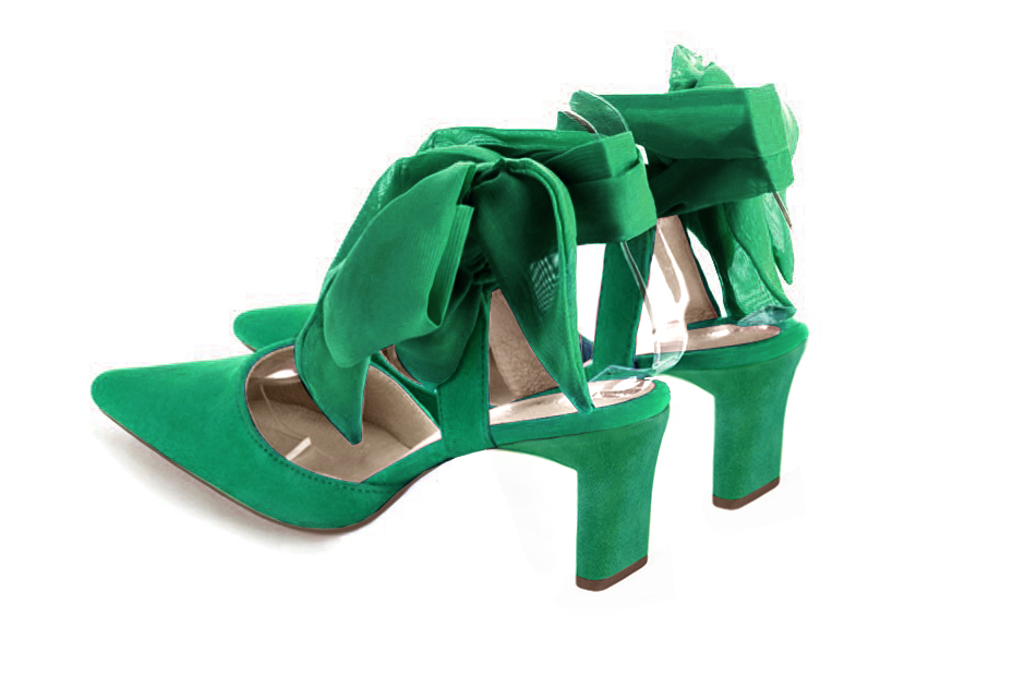 Emerald green women's open back shoes, with an ankle scarf. Tapered toe. Medium spool heels. Rear view - Florence KOOIJMAN